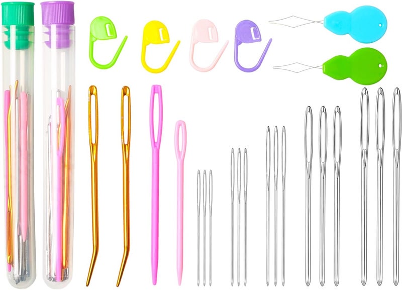 HEKISN 45Pcs Large Eye Blunt Yarn Needles kit, Assorted Sizes Bent Tapestry Darning Needle, Sewing Needles with Needle Threaders & Stitch Markers for Knitting Crochet (Purple&Green) - Image 1